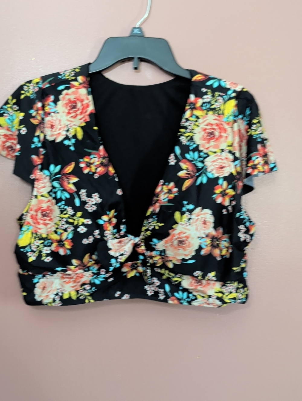 torrid Black Floral V-Neck Bikini Top with Coral Roses